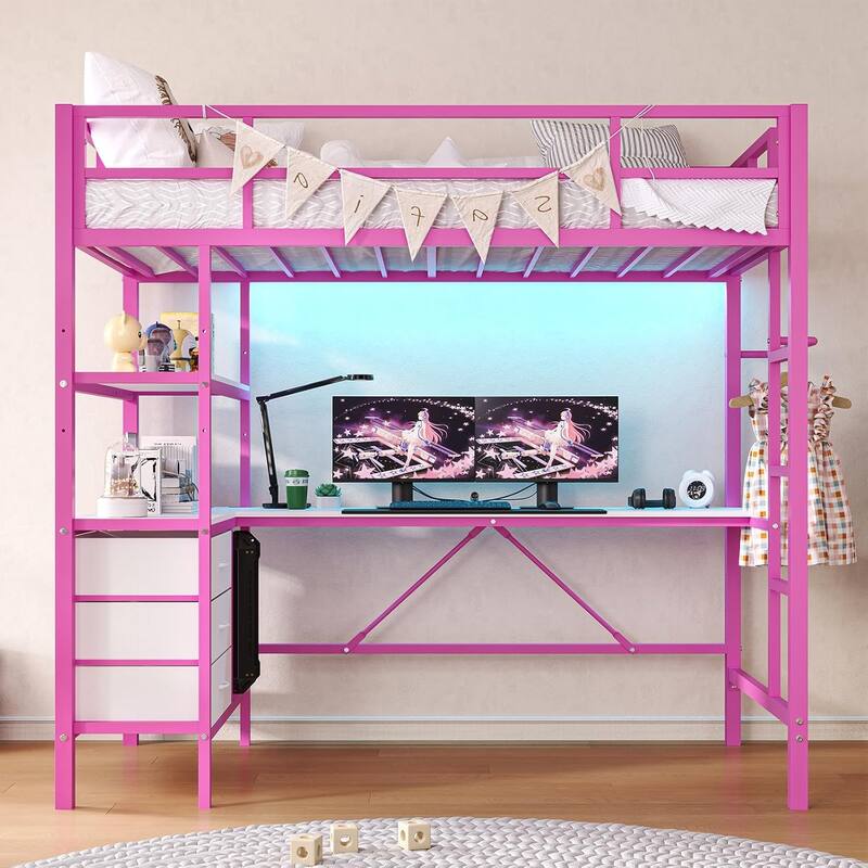 Loft Bed with L-Shaped Desk Charging Station Metal LED Lights 3 Fabric Drawers