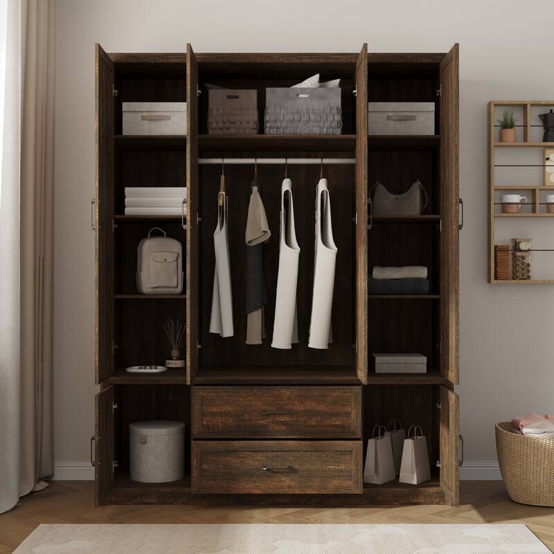 6 Doors Wardrobe Closet Armoire with Hanging Rail White/Brown Large Cabinet