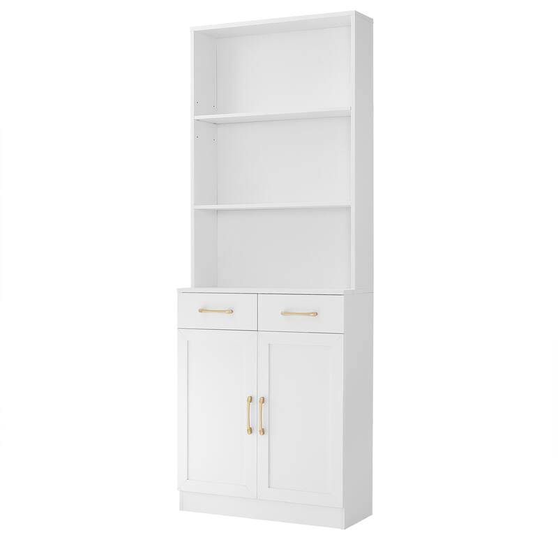 Storage Cabinet for Bathroom, 2 Doors Wooden Cabinet with 2 Drawers Three-layer Open Shelf, Bathroom Floor Cabinets