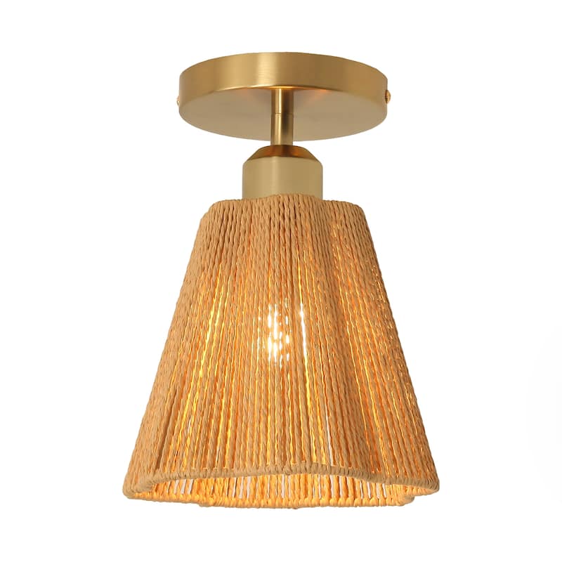 1-Light Brown Paper Rope Boho Semi-Flush Mount Ceiling Light