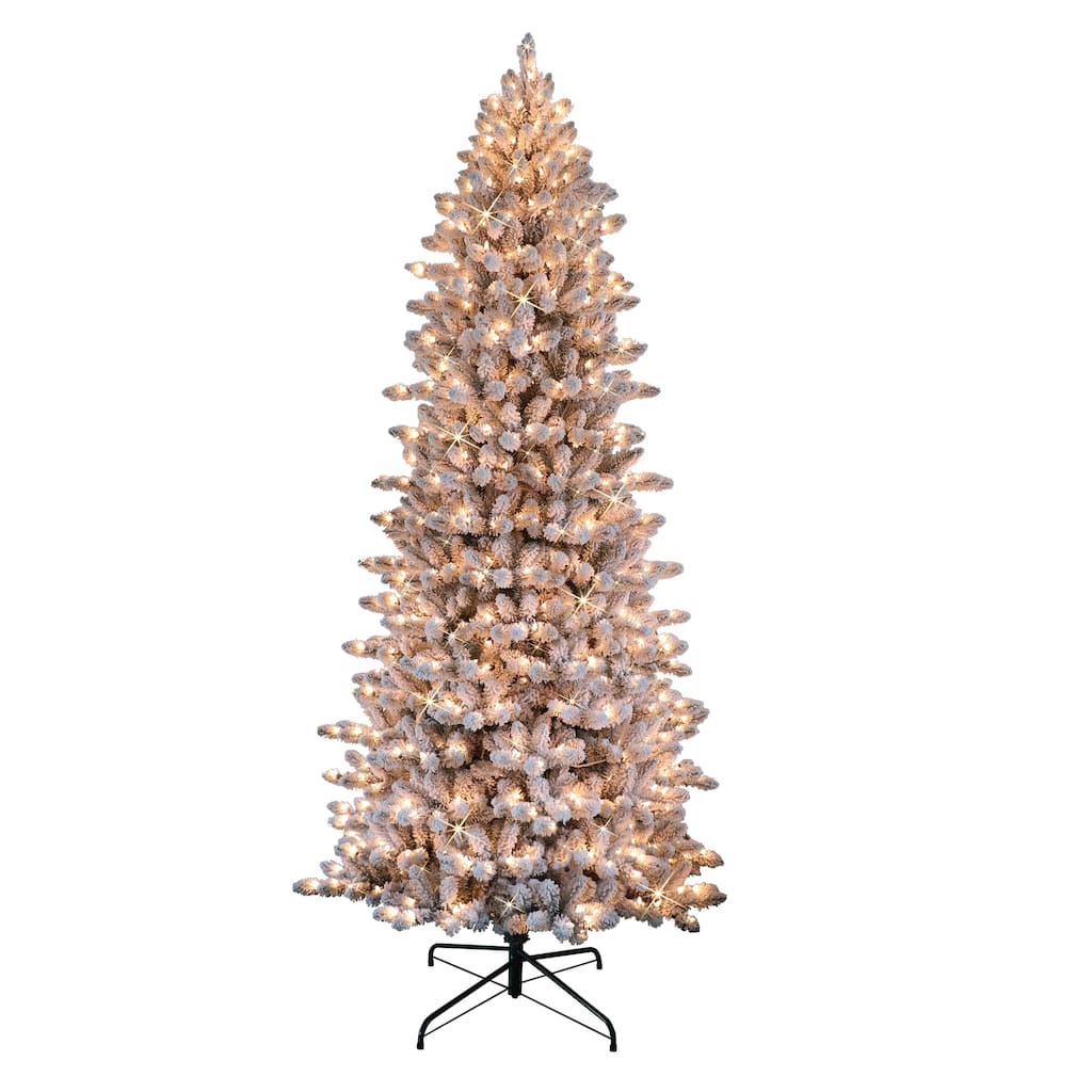 Puleo International 6.5 ' Pre-Lit Flocked Slim Fraser Fir Artificial Christmas Tree