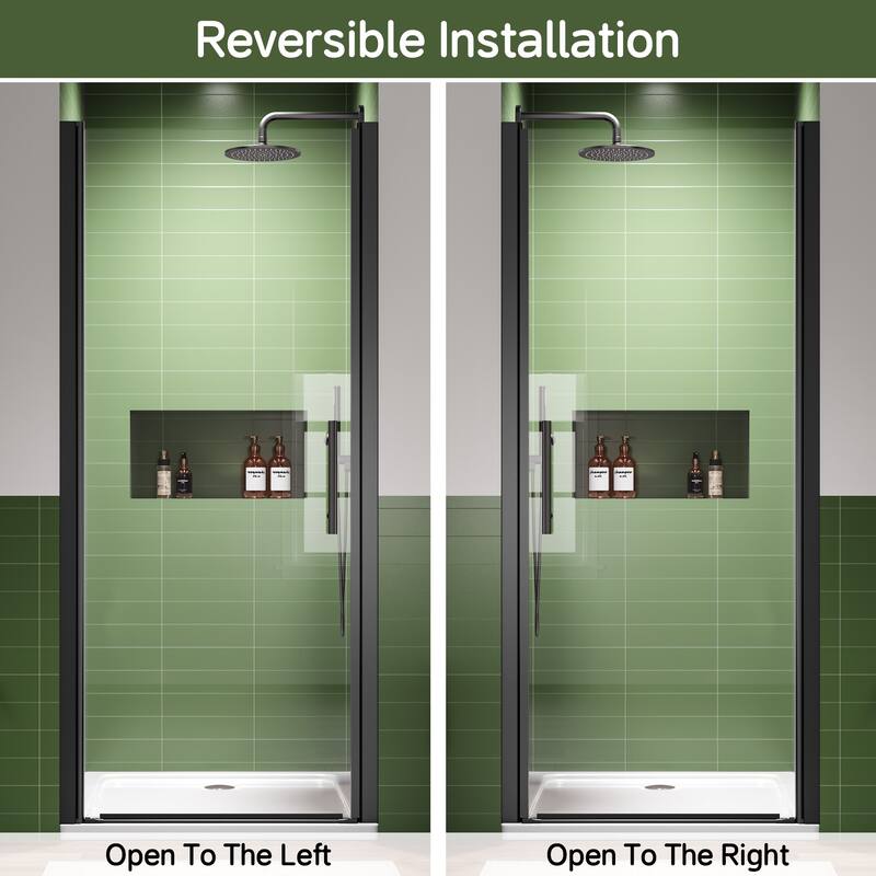 Matte Black Hinged Shower Door 34x75, 6mm Tempered Glass, Headerless, 1.5 in Adjustable, Left/Right In/Out