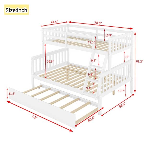 dimension image slide 2 of 3, Twin Over Full Bunk Bed with Trundle, Bunk Bed with Ladder and Guardrails, Convertible to 2 Beds