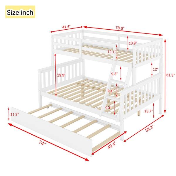 dimension image slide 0 of 3, Twin Over Full Rubber Wood Bunk Bed with Trundle,Convertible Ladder and Guardrail