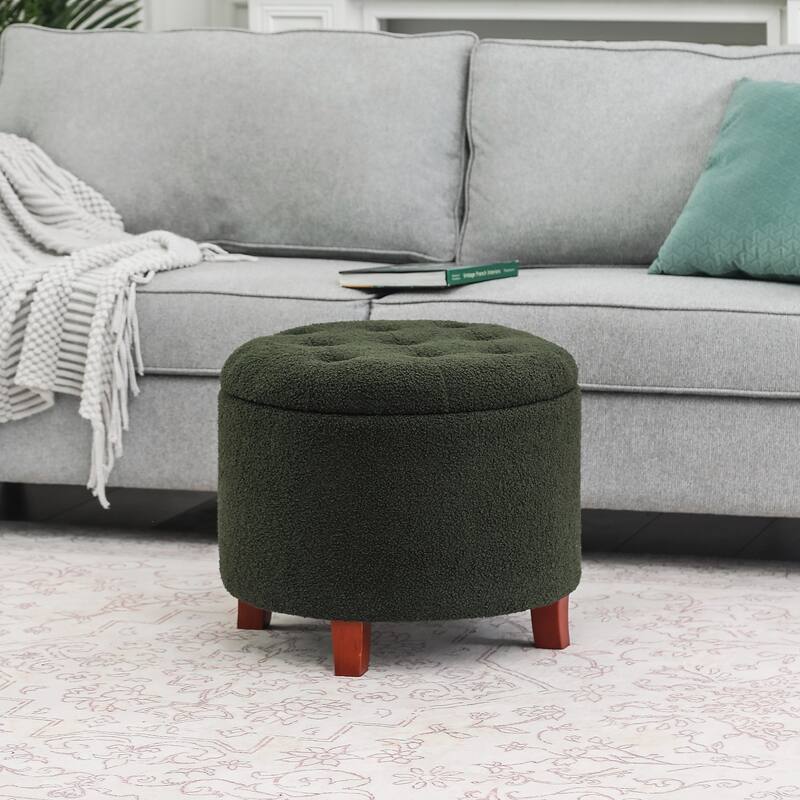 Adeco Round Button-tufted Lift-top Storage Ottoman - Dark-Green