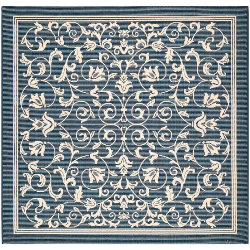 SAFAVIEH Courtyard Clarine Indoor/ Outdoor Waterproof Patio Backyard Rug - 6'7" Square - Navy/Beige