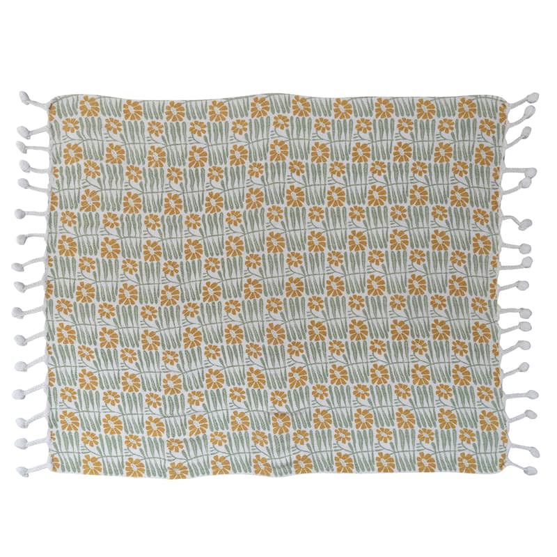Cotton Blend Printed Throw with Flowers and Braided Pom Pom Tassels - 60.0"L x 50.0"W x 0.3"H - Multicolor