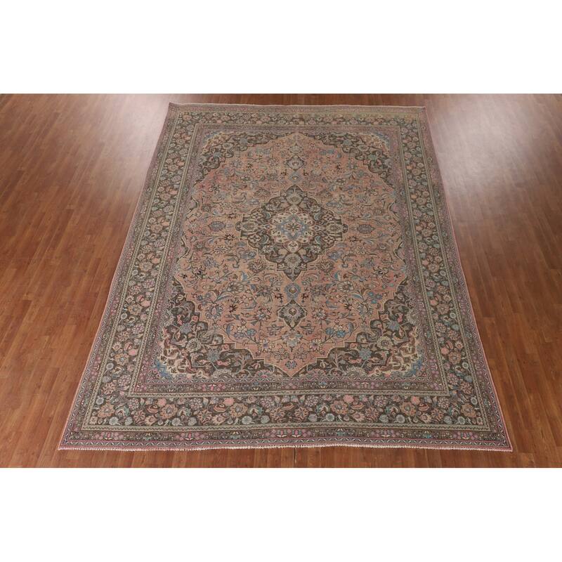 Traditional Pink Mashad Persian Vintage Rug Handmade Wool Carpet - 9'6"x 12'6"