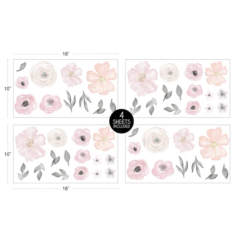 Sweet Jojo Designs Pink and Grey Watercolor Floral Collection Peel and Stick Wall Decal Stickers Art Nursery Decor (Set of 4)