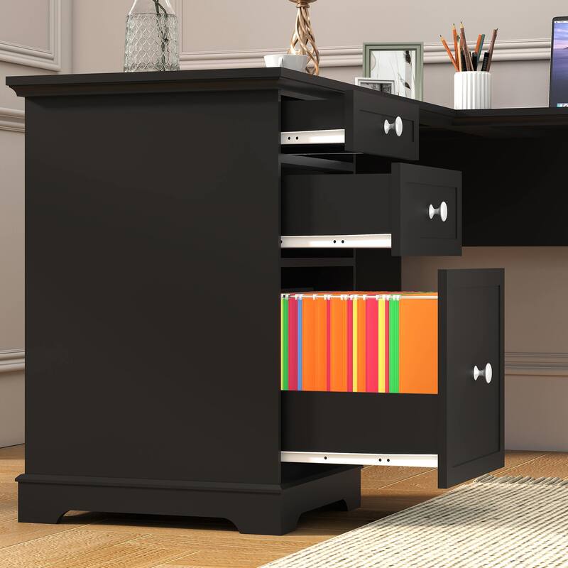 Farmhouse L Shaped Executive Desk Home Office Desk with File Drawer