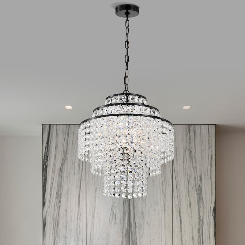 Antique Black Finish 4-Light Chandelier with Tier Cascading Crystals