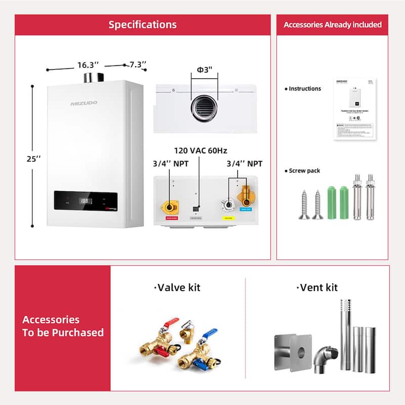 Mizudo Comfortech Classic Instant Hot Gas Tankless Water Heater, Up to 7.5 GPM, Indoor Installation, CSA Certified, White