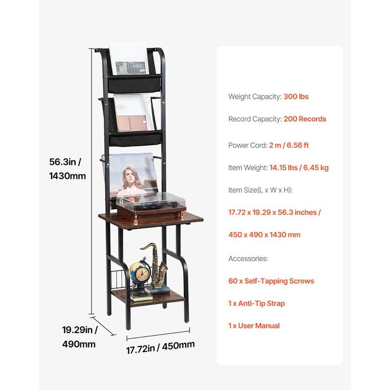 Black 5 Tiers Metal Record Player Stand with LED Light and USB Ports and Oxford Fabric Bags - 17.72" x 19.29" x 56.3"