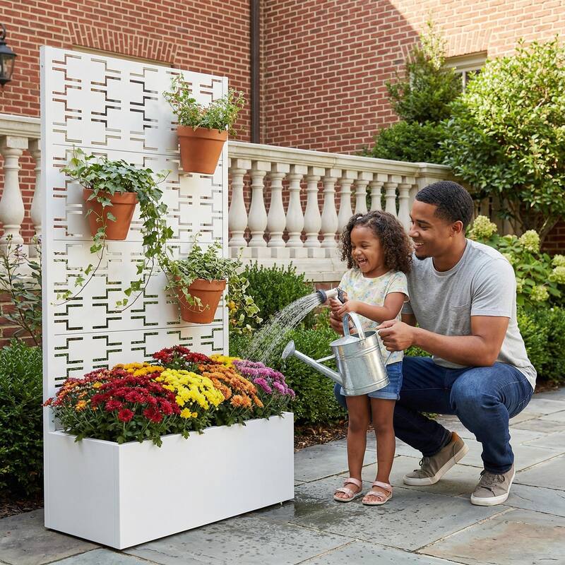 Metal Galvanized Planter Box with Trellis Privacy Screen Lockable Wheels