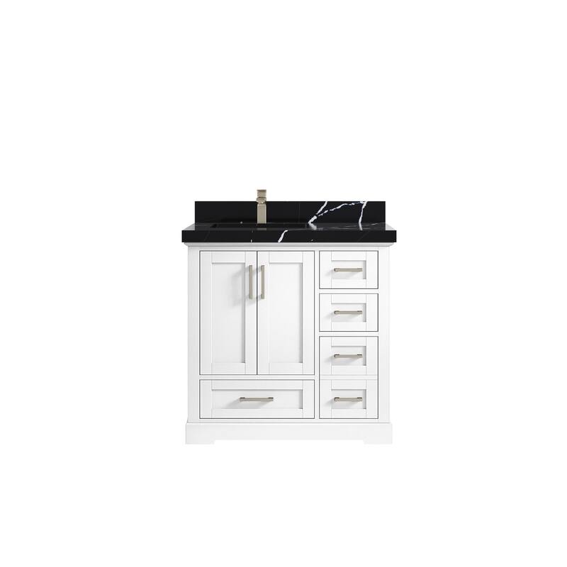Willow Collections 36 x 22 Boston Left Offset Sink Bathroom Vanity with Quartz or Marble Countertop - 2"Calacatta Black - White
