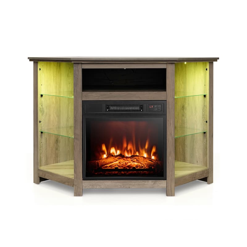 Electric Fireplace Corner TV Stand with LED Lights and Adjustable Glass Shelves - 45" x 22" x 30" - Grey