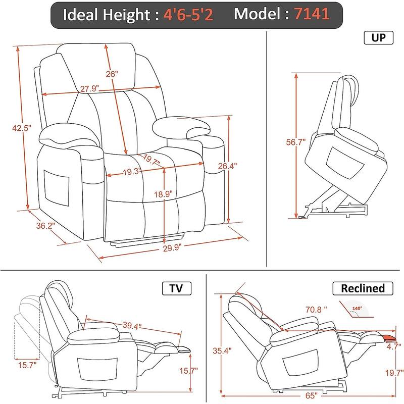 MCombo Small Power Lift Recliner Chair Sofa with Massage and Heat, 3 Positions and USB Ports Extended Footrest, Fabric 7141
