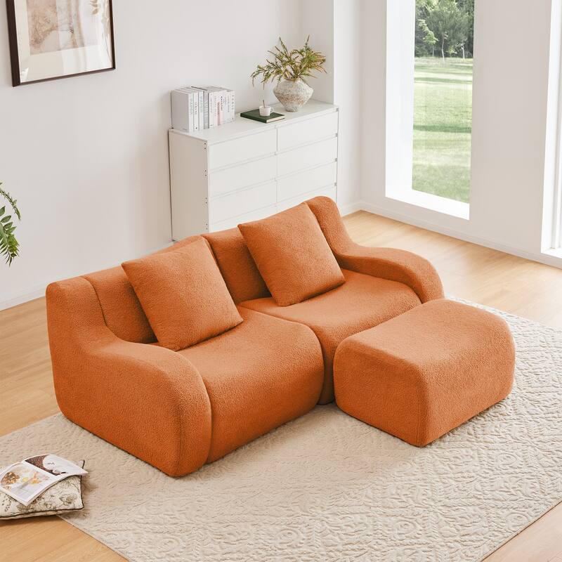 L-Shaped Teddy Fabric 2-Seat Boneless Sofa, No Assembly Required Curved Armrest, Streamlined Design Ergonomic Design