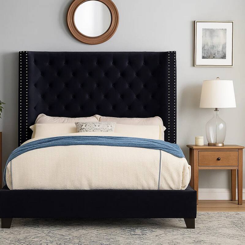 Rozy Queen Bed with Wingback Headboard, Nailhead Trim, Black Upholstery