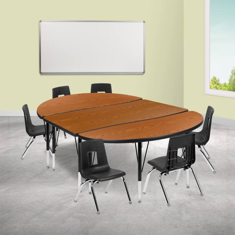76" Oval Wave Flexible Laminate Activity Table Set with 14" Student Stack Chairs - 76"D x 47.5"W x 16.25" - 25.25"H - Oak