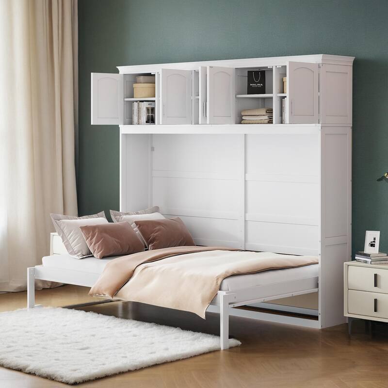 Queen Size Wooden Murphy Bed Wall Bed with Top Cabinets - White
