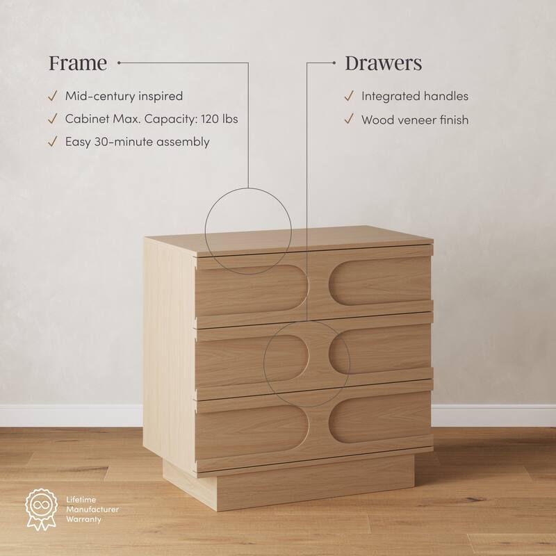 Iris 3 Drawer Dresser, Mid-Century Modern Solid Wood Dresser for Bedroom