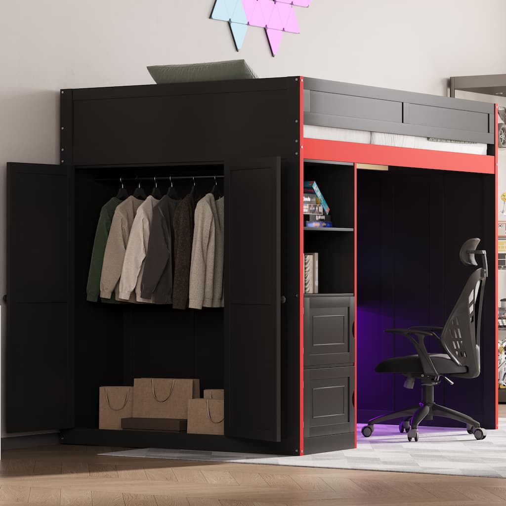 GDFStudio - GameZone Modern Wooden Gaming Loft Bed with Desk, Storage and LED Lighting