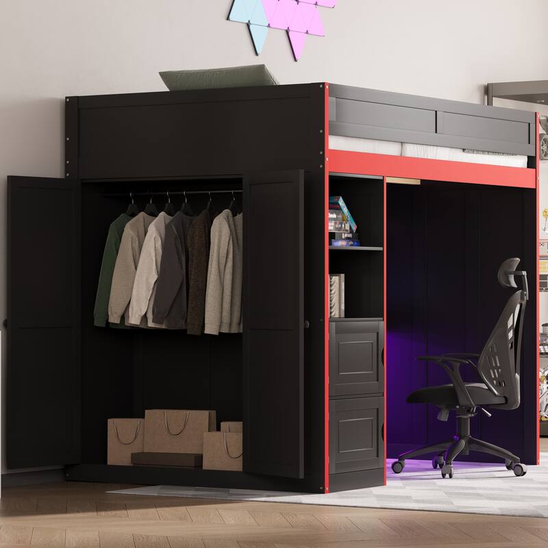Roomfitters Twin/Full Gaming Loft Bed with Desk, Storage Locker and LED Lights, Black - Black - Full