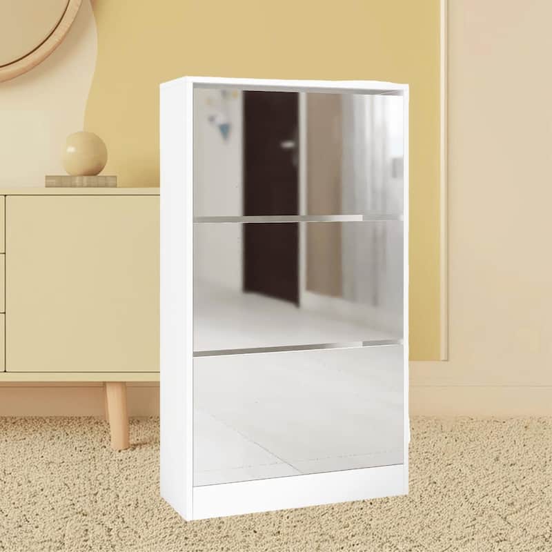 3-Tier Shoe Rack Organizer Cabinet with Full-Length Mirror, Slim Design, Easy Pull-Down Drawers for Entryway, Hallway, Mudroom - White