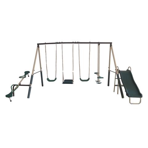 XDP Recreation Crestview Outdoor Swing Set w/ Slide, Glider, 3 Swings, & See Saw - 192 x 106 x 75 inches