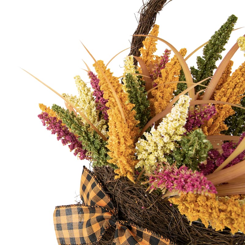 Autumn Harvest Hanging Basket with Artificial Foliage and Checkered Bow - 22"