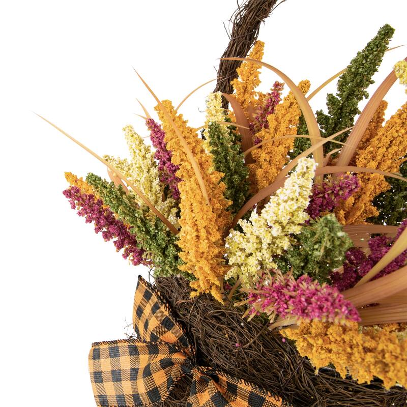 Autumn Harvest Hanging Basket with Artificial Foliage and Checkered Bow - 22"