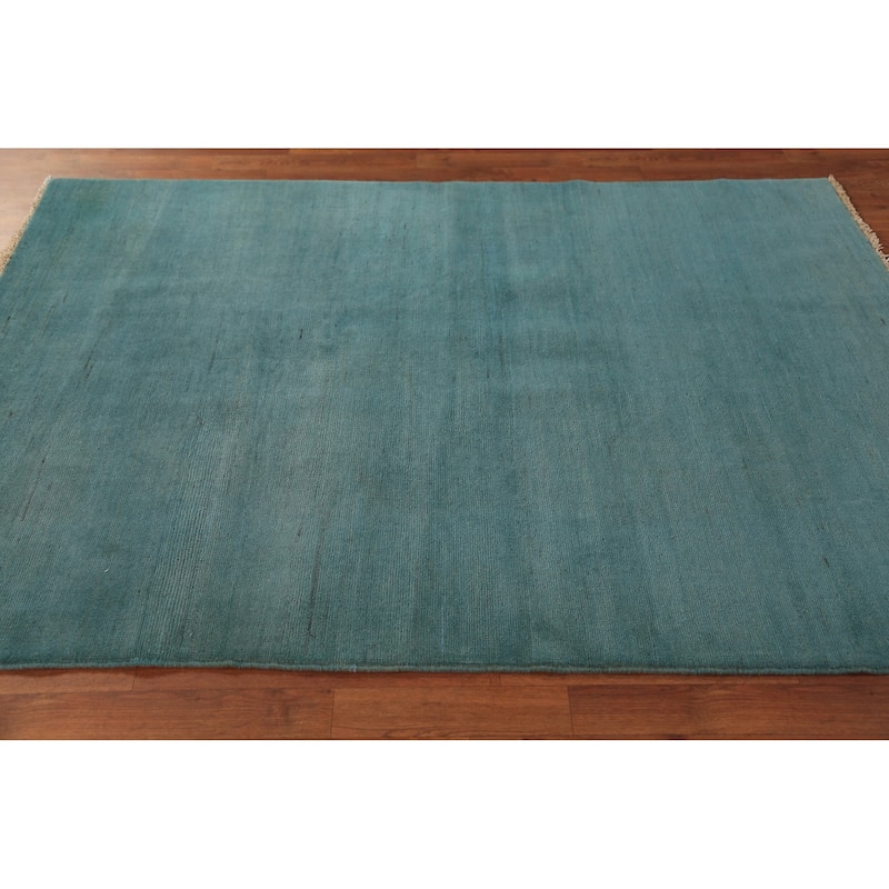Teal Blue Gabbeh Modern Area Rug Handmade Wool Carpet - 5'0" x 6'8"