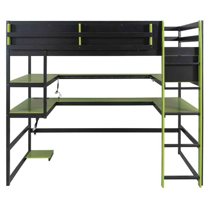 Loft Bed with Wraparound Study Hub, Side Storage Rack, USB Charging & RGB Light by Harper&Bright Designs