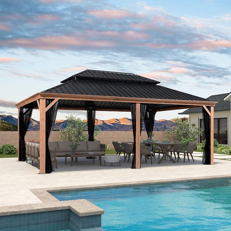 PURPLE LEAF Hardtop Gazebo Galvanized Steel Roof Gazebo Pergola w Wooden Coated Alumninum Frame and Mosquito Net