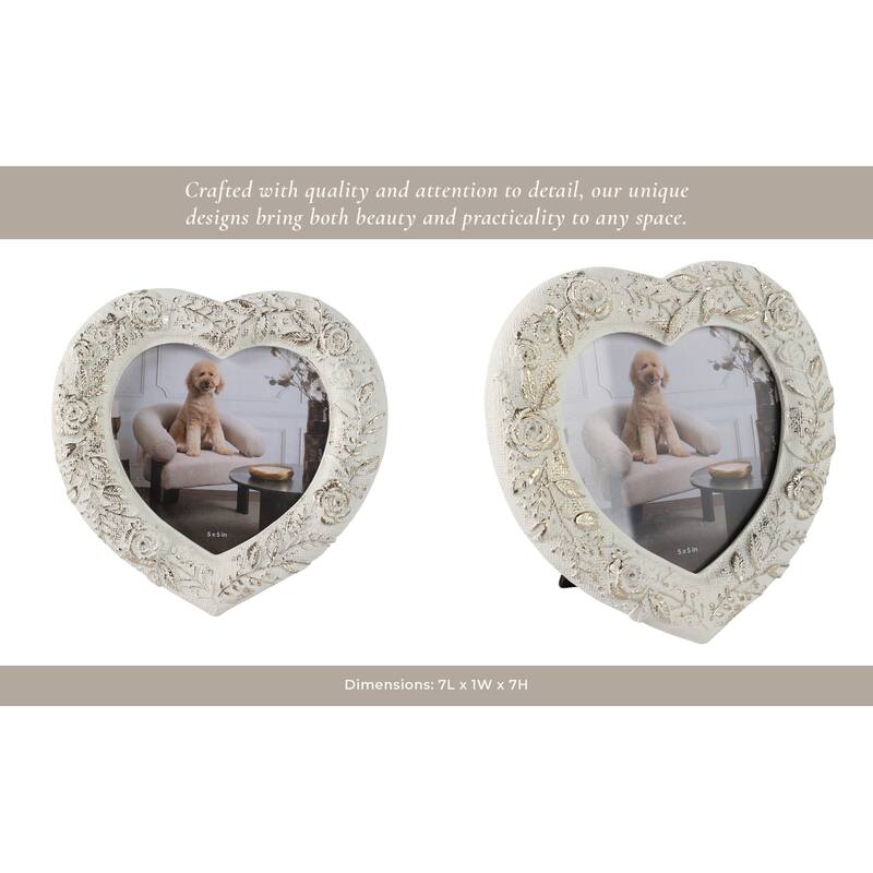 Polyresin Heart Shaped Photo Frame Floral Carving Design - 5x5" Ivory