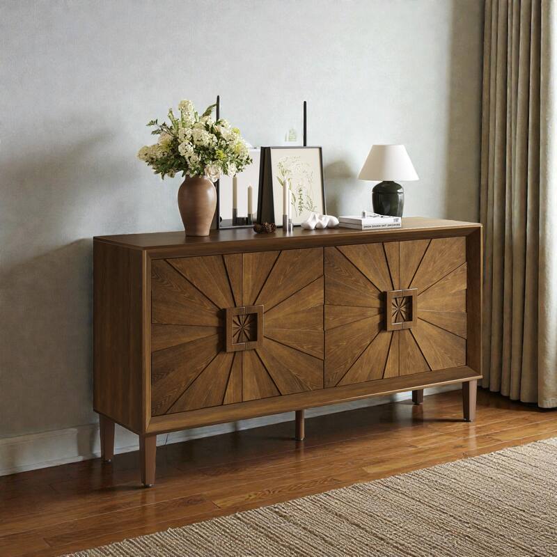 60'' Rustic American Farmhouse Credenza with Sunburst Doors, Antique Wood TV Stand with Adjustable Shelves