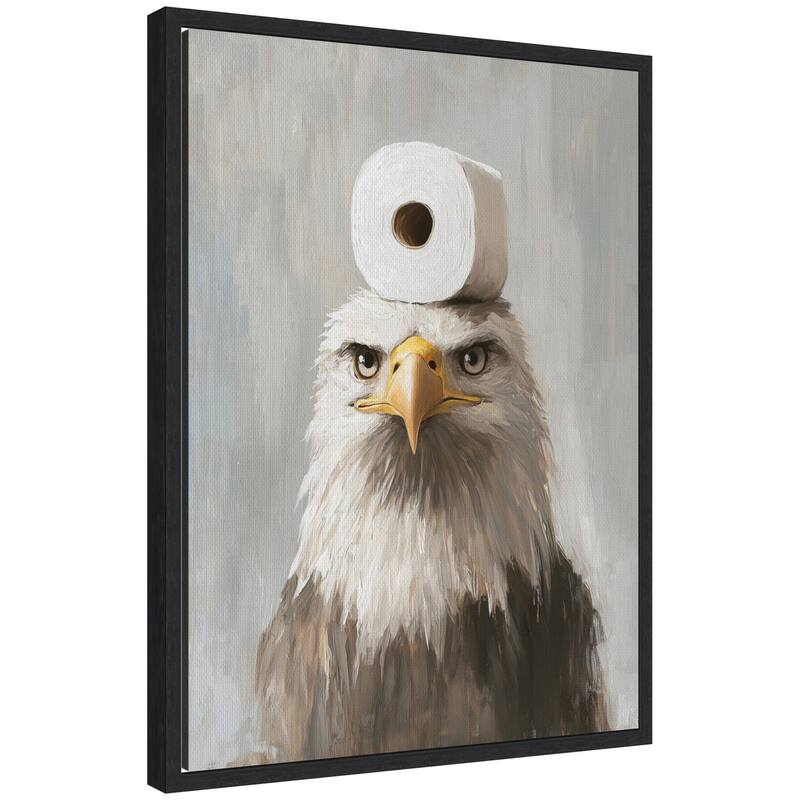 Kate and Laurel Sylvie Toilet Paper Roll on Bald Eagles Head Bathroom Art Framed Canvas by The Creative Bunch Studio - 18x24 - Black