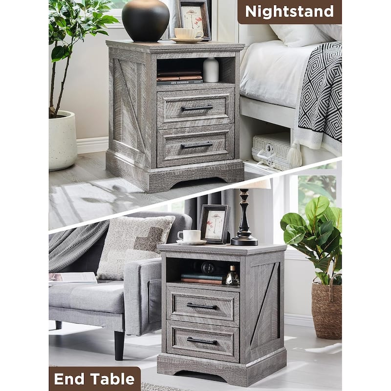 Farmhouse Nightstand with Charging Station, End Table with 2 Drawers