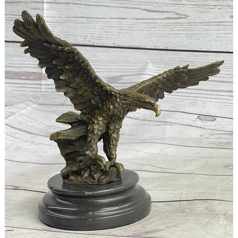Landing Eagle W/ Wings Spread Bronze Statue Sculpture Signed Original Marble Base 7 Inches X 9 Inches