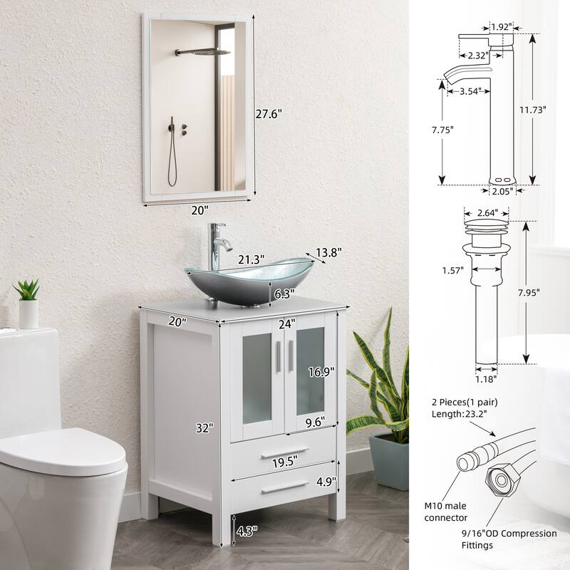 24" Bathroom Vanity White Set Glass/ Ceramic Vessel Sink Cabinet Faucet Drain Free Standing Combo