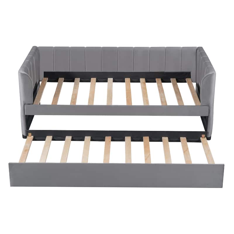 Twin Size Upholstered Daybed with Ergonomic Design Backrest and Trundle
