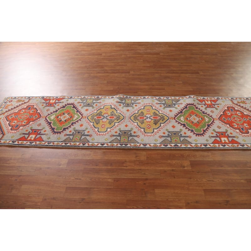 Geometric Green Kazak Indian Runner Rug Handmade Wool Carpet - 2'7"x 9'1"