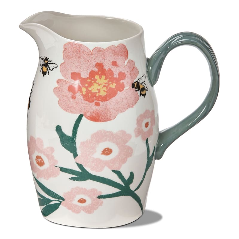 Bee Blossom Bright Floral Stoneware Water Beverage Pitcher, 48 oz