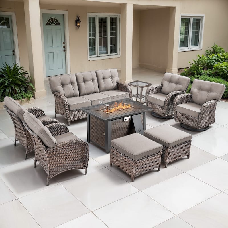 TWrap Wicker Patio Iron Fire Pit Conversation Set with 3-Seat Sofa & Swivel Gliders & Armchairs