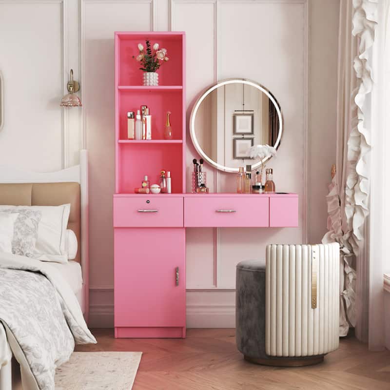 Roomfitters Modern Vanity Table with Storage Shelves, Multi-Layer Makeup Desk with Drawers and Cabinet
