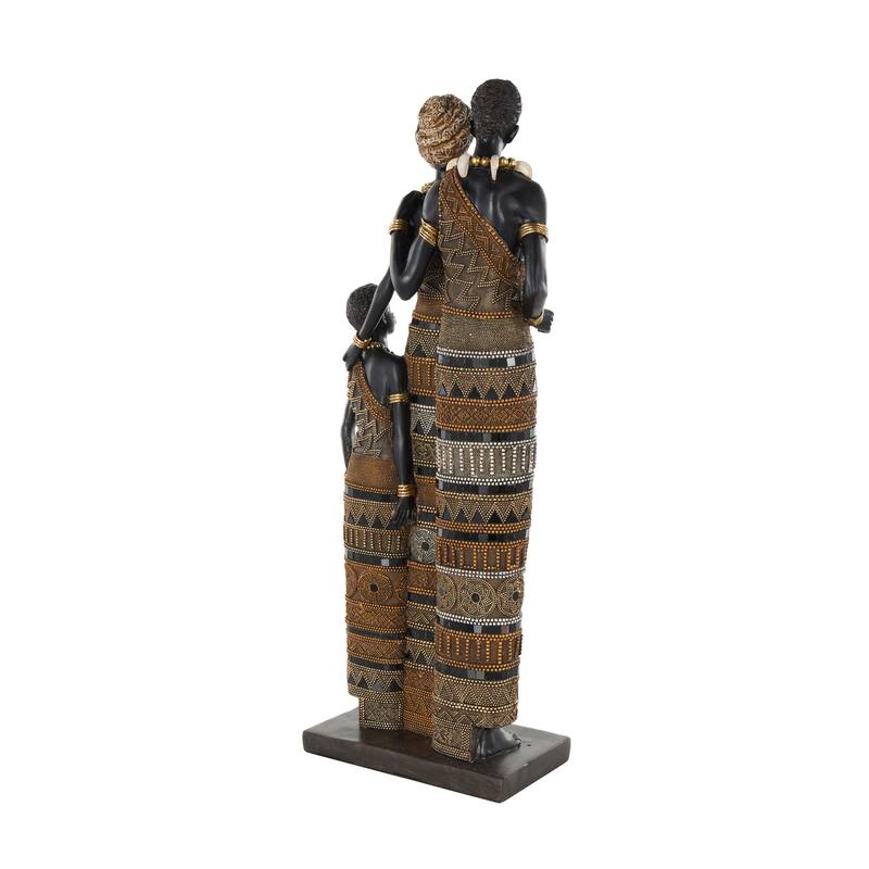Black Resin Tall African Family Decorative Sculpture with Gold Jewels