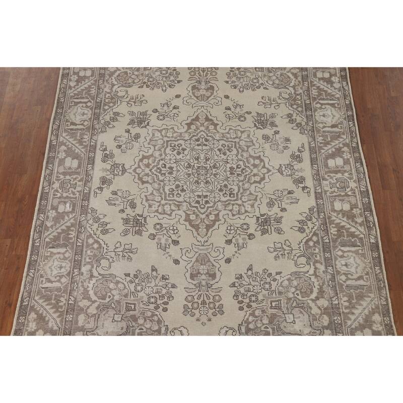Distressed Tabriz Vintage Persian Rug Hand-Knotted Blue Wool Carpet - 6'7" x 9'6"