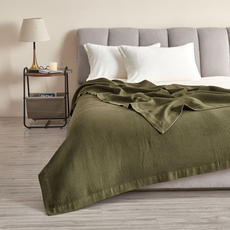 Luxurious 100% Cotton Soft Waffle Weave Knit Blanket - Twin - Olive Green