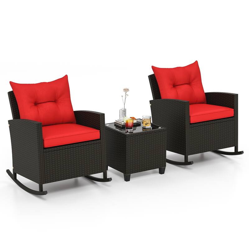 Gymax Set of 3 Wicker Rocking Set w/ Tempered Glass Table Patio